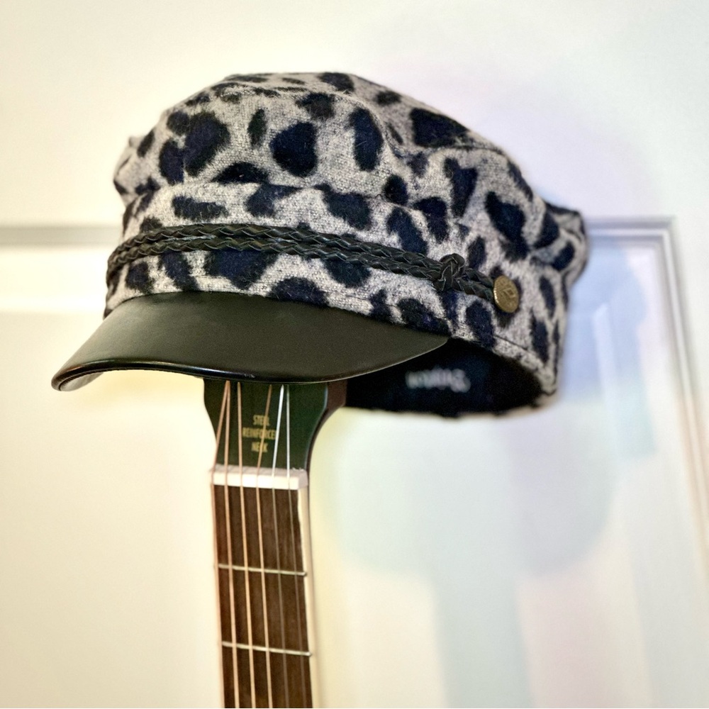 Brixton Limited Edition Leopard Print Wool + Black Leather Fiddler Fisherman Cap